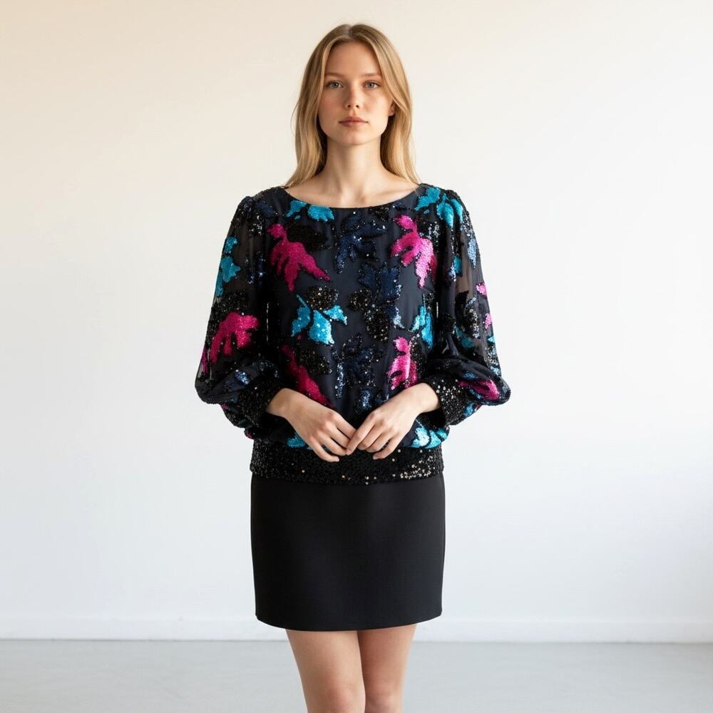 Vintage Siasia New York Blouse XS Velvet Burnout Floral Sequin 100% Rayon USA